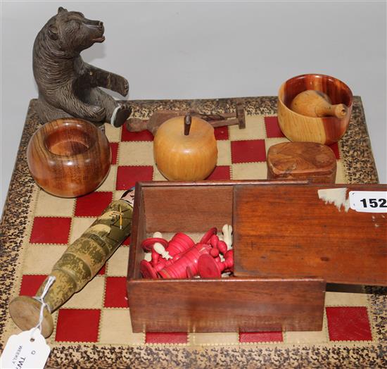 A 19th century red and white bone chess set (boxed, with board) and sundry treen,